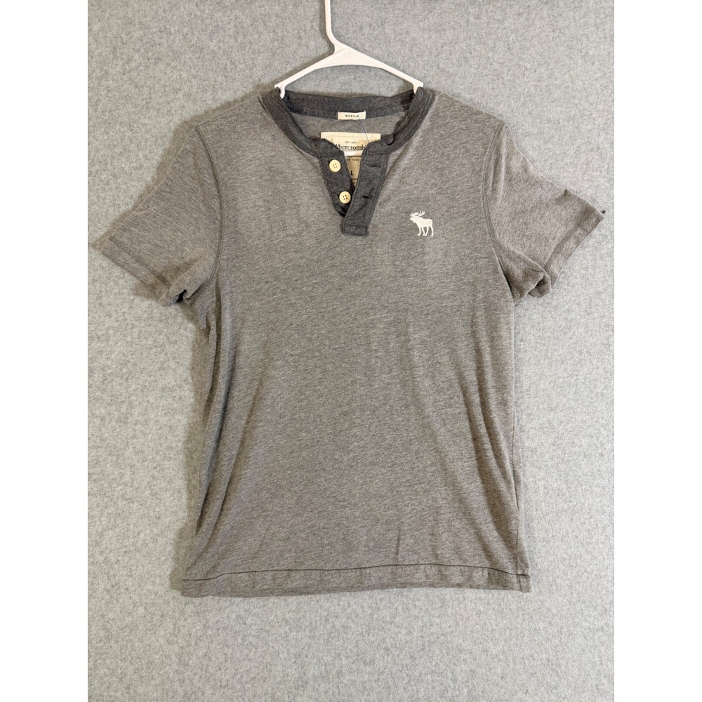 Abercrombie & Fitch Henley Shirt Mens Large Muscle Fit Short Sleeve Grey Moose L